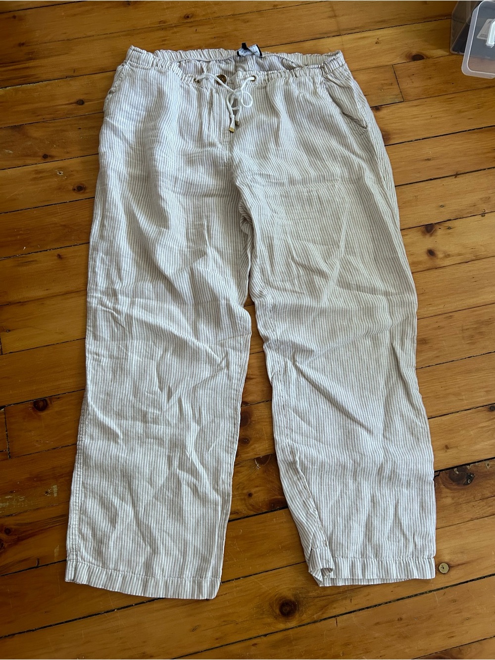 Talbots seersucker tan white striped linen drawstring pants 14